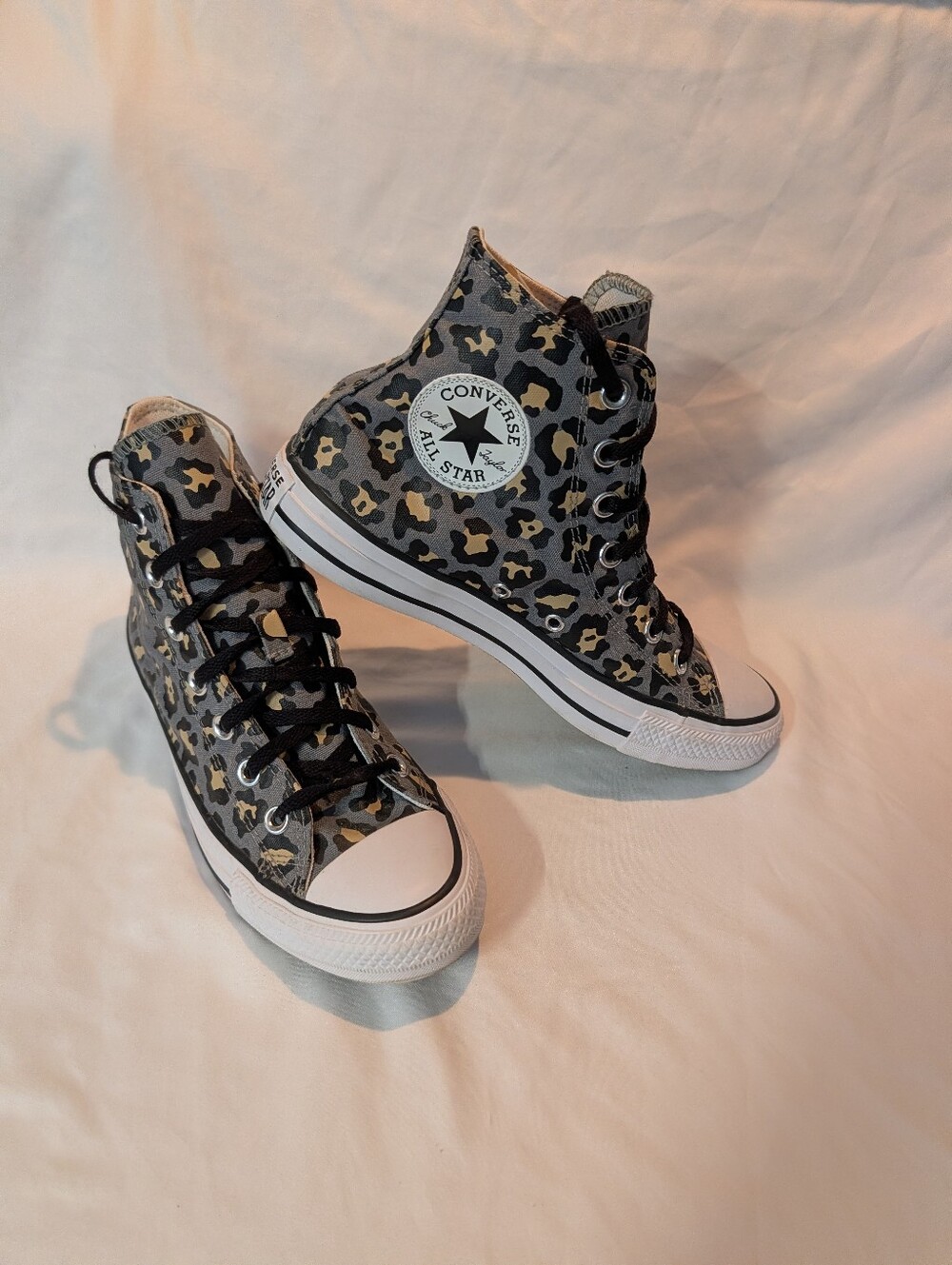 CONVERSE All Star Grey Leopard Print High Top Fashion Sneakers, Women's: 7